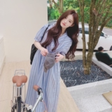 【大货已出】蓝色竖条纹抽绳单排扣连衣裙6673P115控168，女装连衣裙，2C137