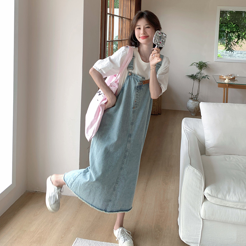 学院风牛仔背带裙套装女2025年夏季新款韩版宽松减龄连衣裙两件套,女装套装/套裙,2C177