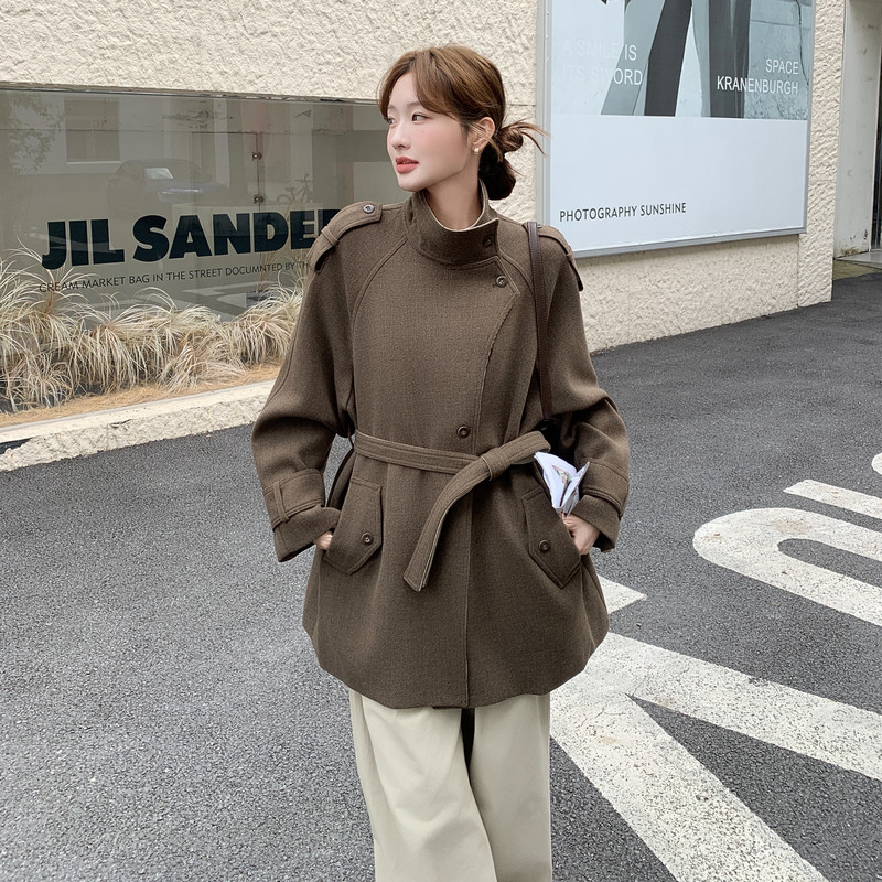 pu皮拼接格子毛呢大衣女秋季2025年小个子收腰高级感时髦气质外套,女装毛呢外套,2C203