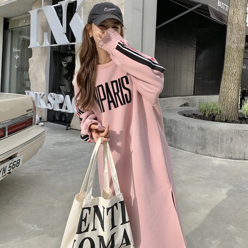 现货！2025冬装粉色加绒刺绣长款卫衣2C056-9001-P130控188,女装卫衣/绒衫,2C056