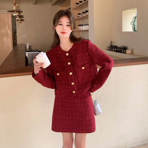 红色千金小香风套装裙女2025春季新款小个子韩系气质半身裙两件套图片