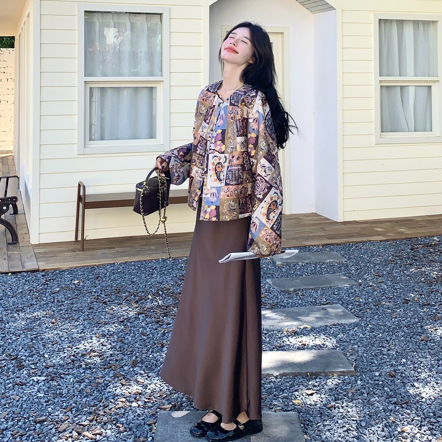 新中式印花外套吊带连衣裙套装女2025秋新款独特绝美度假风两件套,女装套装/套裙,2C135