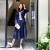简单大方韩系chic蓝色长袖衬衫连衣裙女春秋超火好看高级收腰长裙，女装连衣裙，2C098