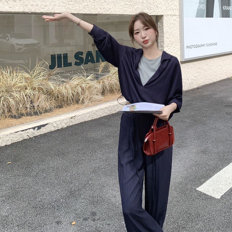 藏青色假两件上衣套装女2025早秋新款韩系设计感休闲阔腿裤两件套,女装套装/套裙,2C159