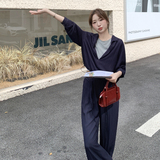藏青色假两件上衣套装女2025早秋新款韩系设计感休闲阔腿裤两件套，女装套装/套裙，2C159