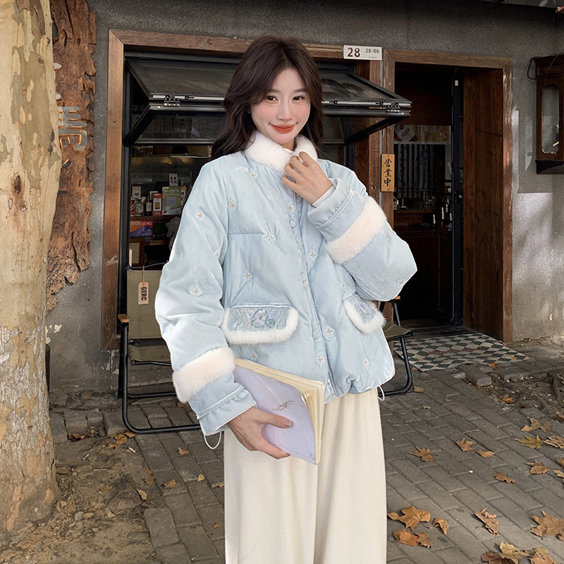 新中式国风减龄拼接毛毛羽绒服女2025冬季新款显瘦加厚白鸭绒外套,女装羽绒服,2C057