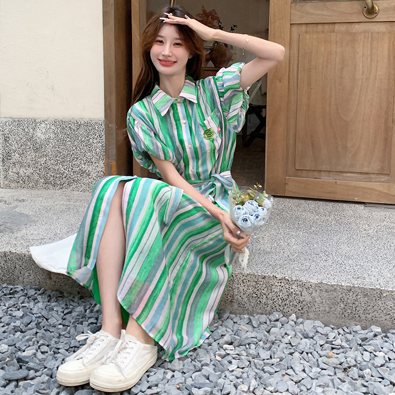 宽松慵懒风条纹灯笼袖连衣裙女夏2025新款休闲显瘦遮肚子女生长裙,女装连衣裙,2C115