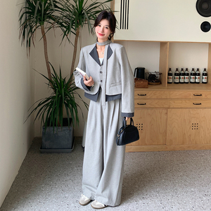 超火灰色V领西装套装女春秋2025新款ootd穿搭高级感阔腿裤两件套图片