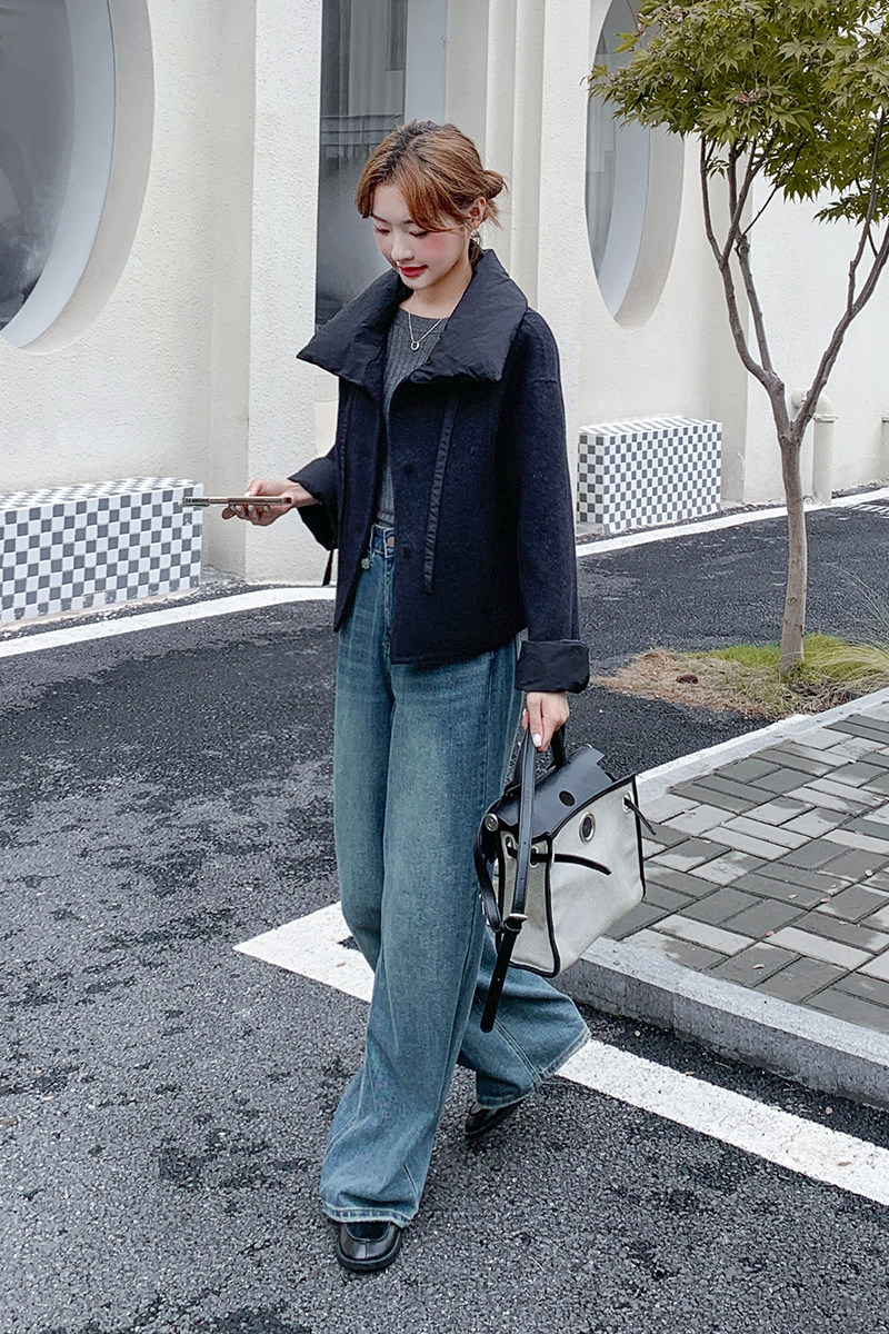 现货70毛日系飘带撞色短款双面呢外套,女装毛呢外套,1D066-1