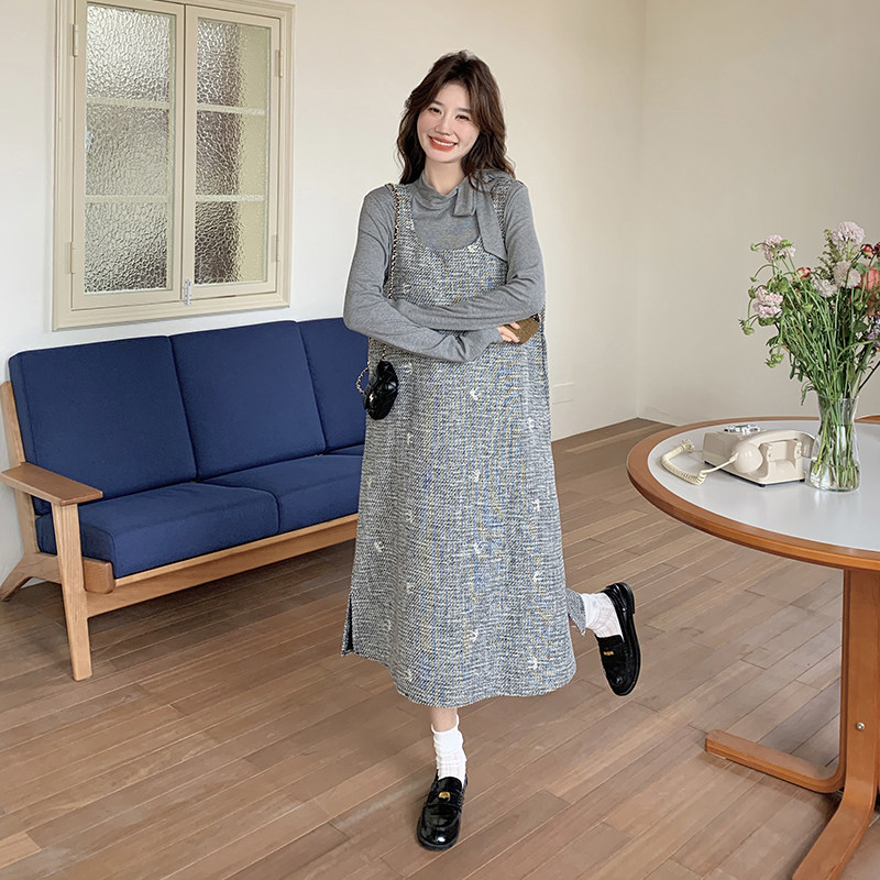 灰色蝴蝶结背心裙连衣裙女2025年春秋季新款减龄高级感气质两件套,女装套装/套裙,2C332