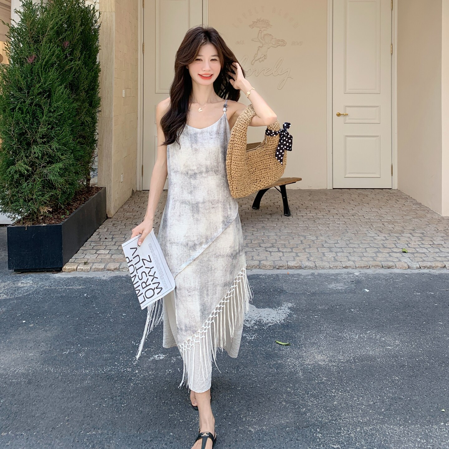 减龄流苏扎染吊带连衣裙女夏2025新款独特绝美显瘦长裙超好看洋气,女装连衣裙,2C271