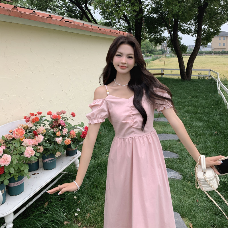 【档口现货】2025新款夏装粉色一字肩连衣裙266-p125-178,女装连衣裙,2C266