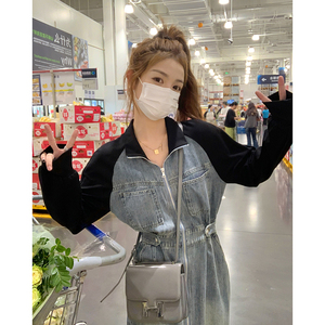 撞色拼接polo领牛仔连衣裙女2025秋季新款可盐可甜复古显瘦衬衫裙图片