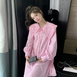 粉色娃娃领条纹连衣裙女2025春新款韩版时尚小个子洋气减龄衬衫裙，女装连衣裙，2C092