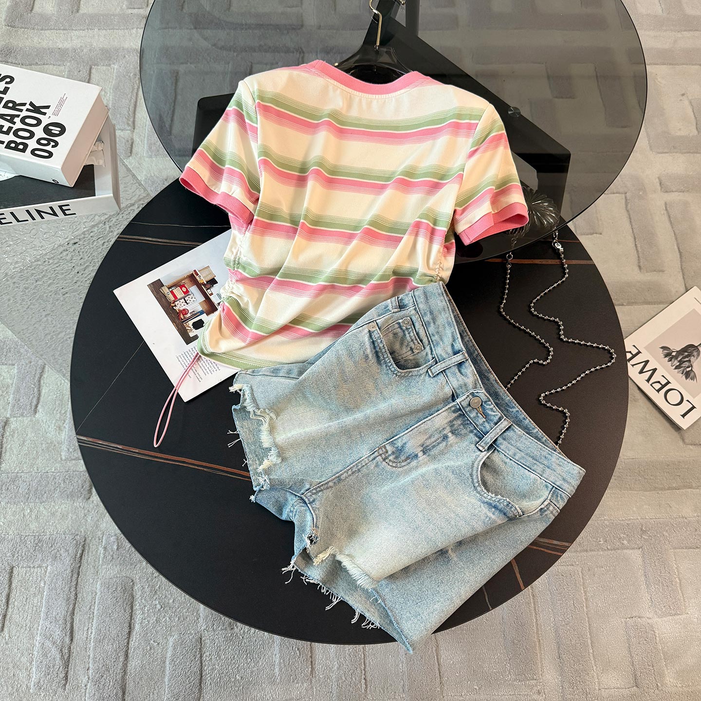 潮流休闲时尚运动套装女夏季新款洋气减龄圆领短袖牛仔短裤两件套,女装套装/套裙,2C310