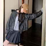 美式复古风黑色短款机车服外套女春秋超火好看高级感小众夹克上衣，女装皮衣，2C282