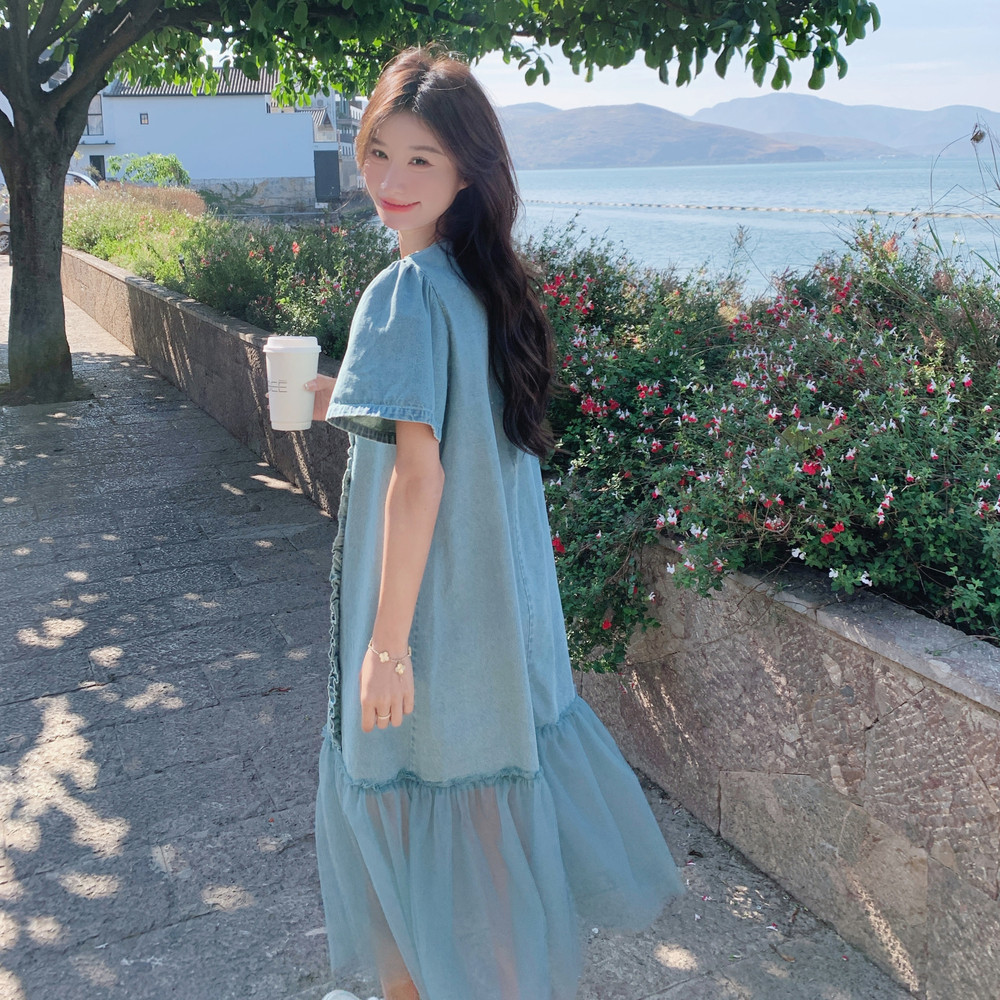 ！自制仙气网纱木耳边牛仔长裙显瘦短袖连衣裙w386p140k208,女装连衣裙,2C298
