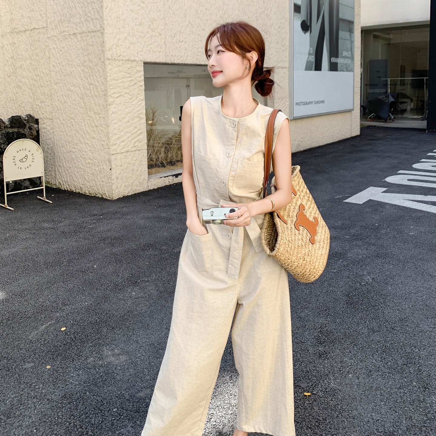 欧货洋气时尚圆领米色连体裤女夏季无袖设计感宽松休闲百搭阔腿裤,女装连体裤,2C218