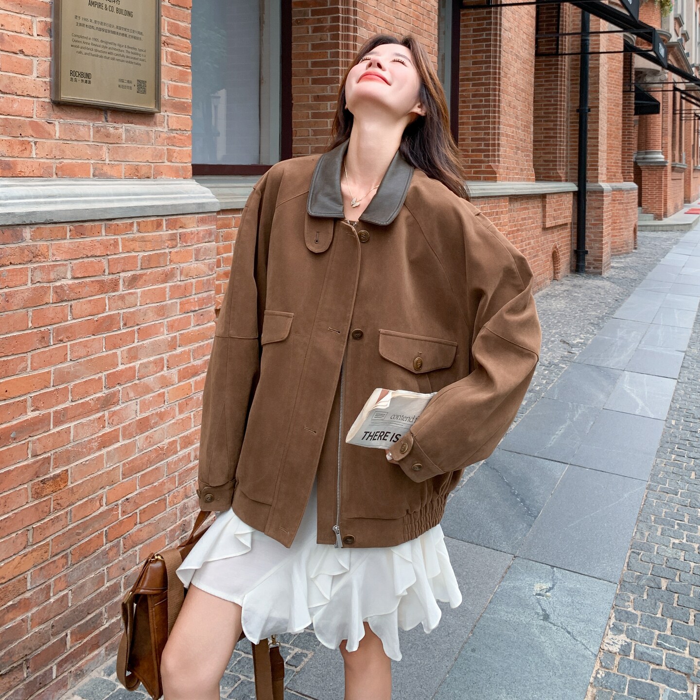 甜美时髦复古麂皮绒外套女2025秋季拼接PU皮撞色翻领炸街休闲夹克,女装短外套,2C375