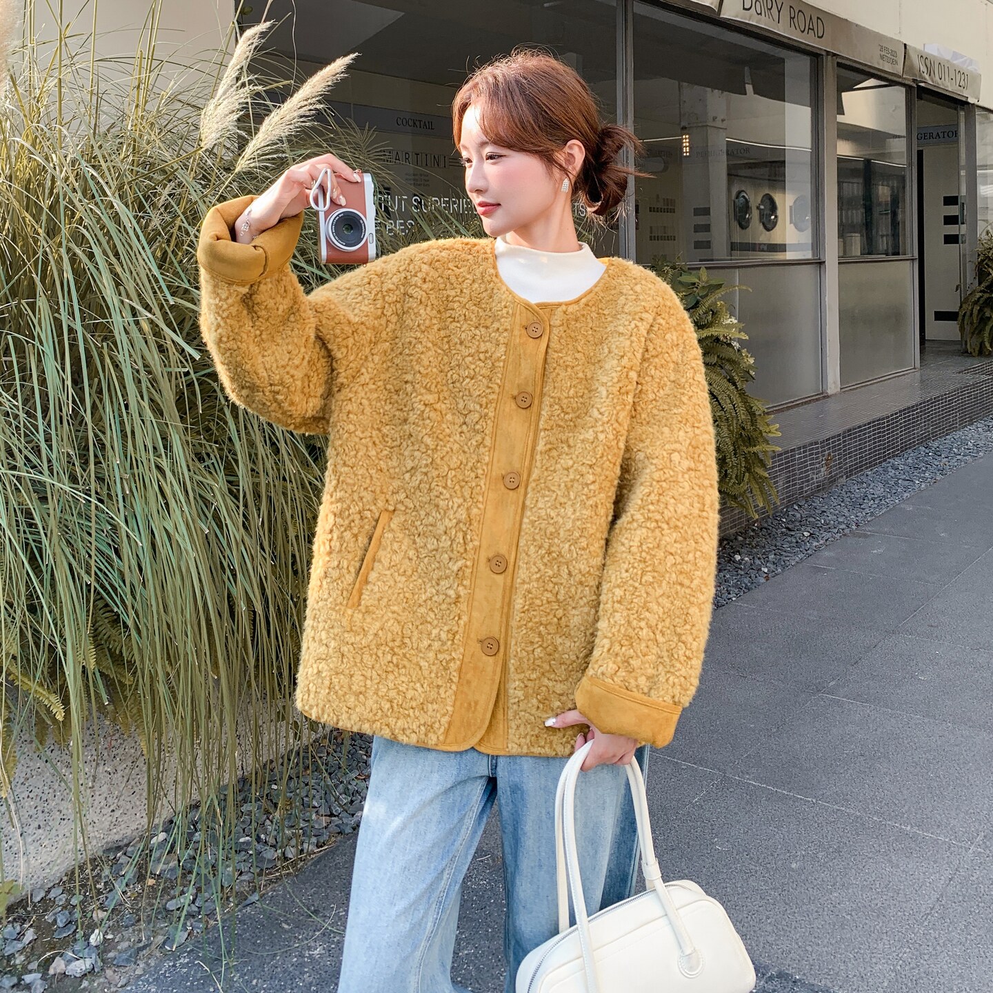 美拉德皮毛一体毛毛外套女冬季新款韩系简约宽松加厚圆领棉服潮,女装皮衣,2C307