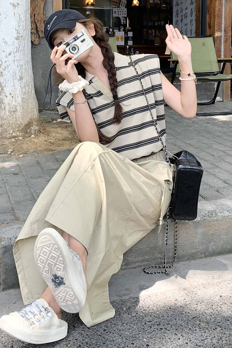 条纹上衣工装半身裙套装女夏季一整套ootd穿搭减龄学院风两件套,女装套装/套裙,2C166