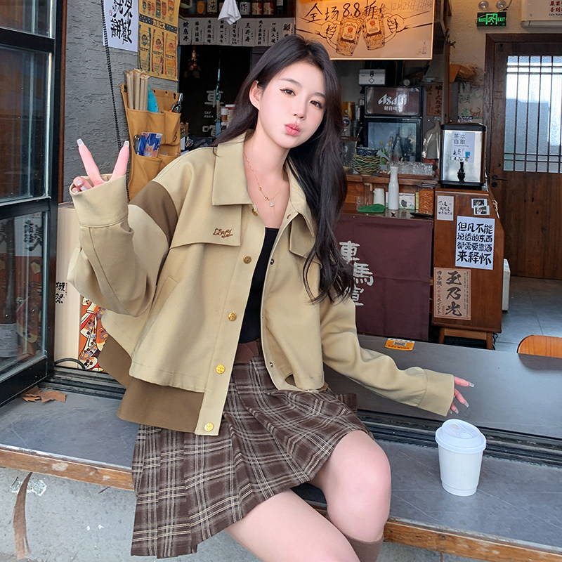 卡其色工装小外套女春秋2025新款独特超好看短款宽松休闲夹克上衣,女装短外套,2C353