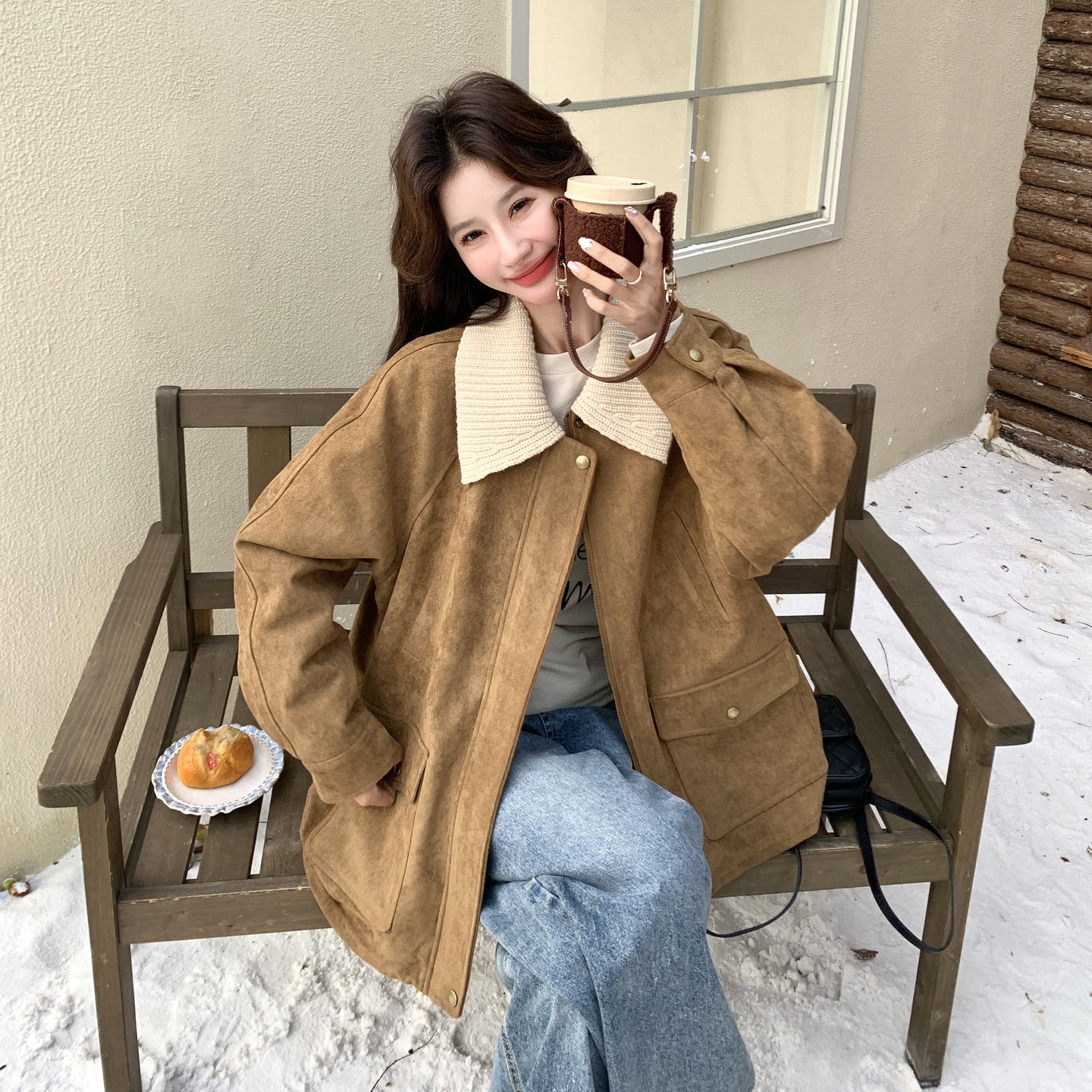 美式复古麂皮绒翻领羽绒服外套女拼接设计感90白鸭绒保暖加厚夹克,女装羽绒服,2C166