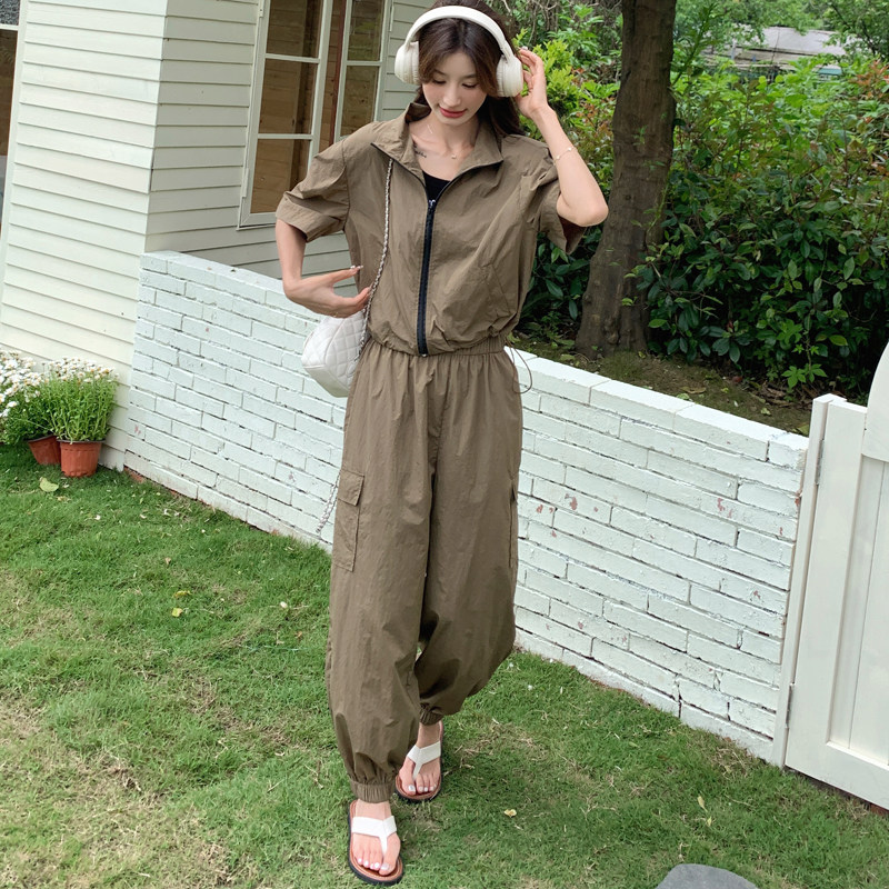 纯色立领卡其色防晒服套装拉链透短外套短裤两件套女8811p115k165,女装防晒衣,2D143