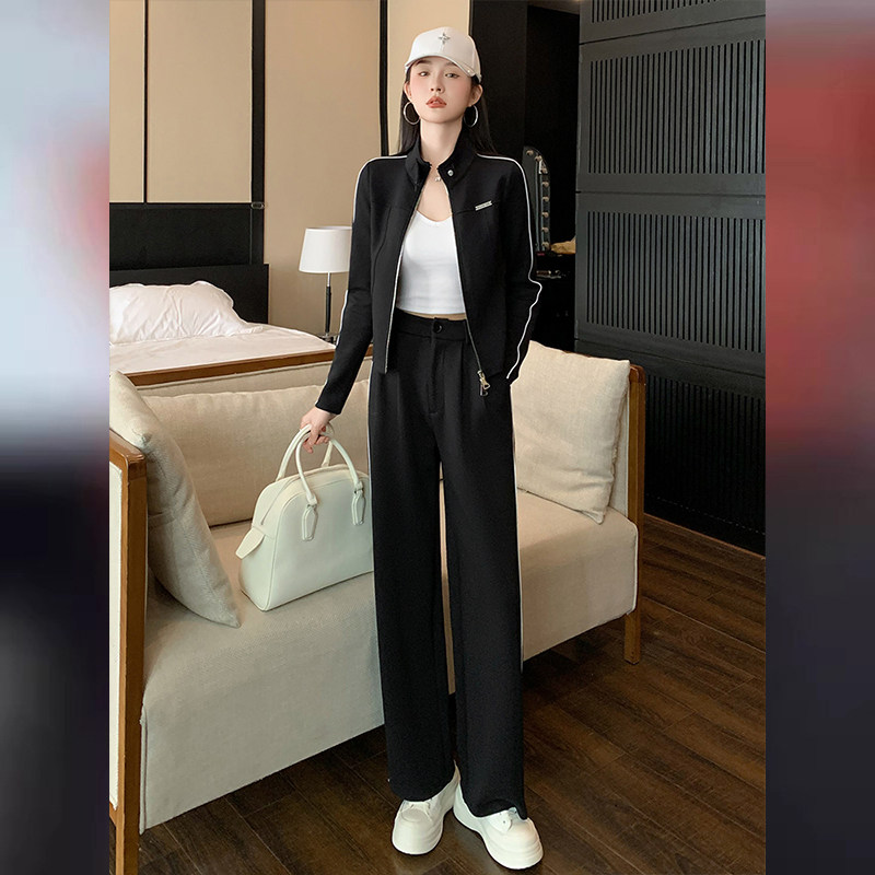 韩版时尚气质大方套装女春新款拉链开衫黑色立领上衣阔腿裤两件套,女装套装/套裙,2C310