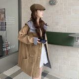 美式chic卡其色连帽冲锋衣外套女春秋超火巨好看休闲工装风衣夹克，女装风衣，2C088