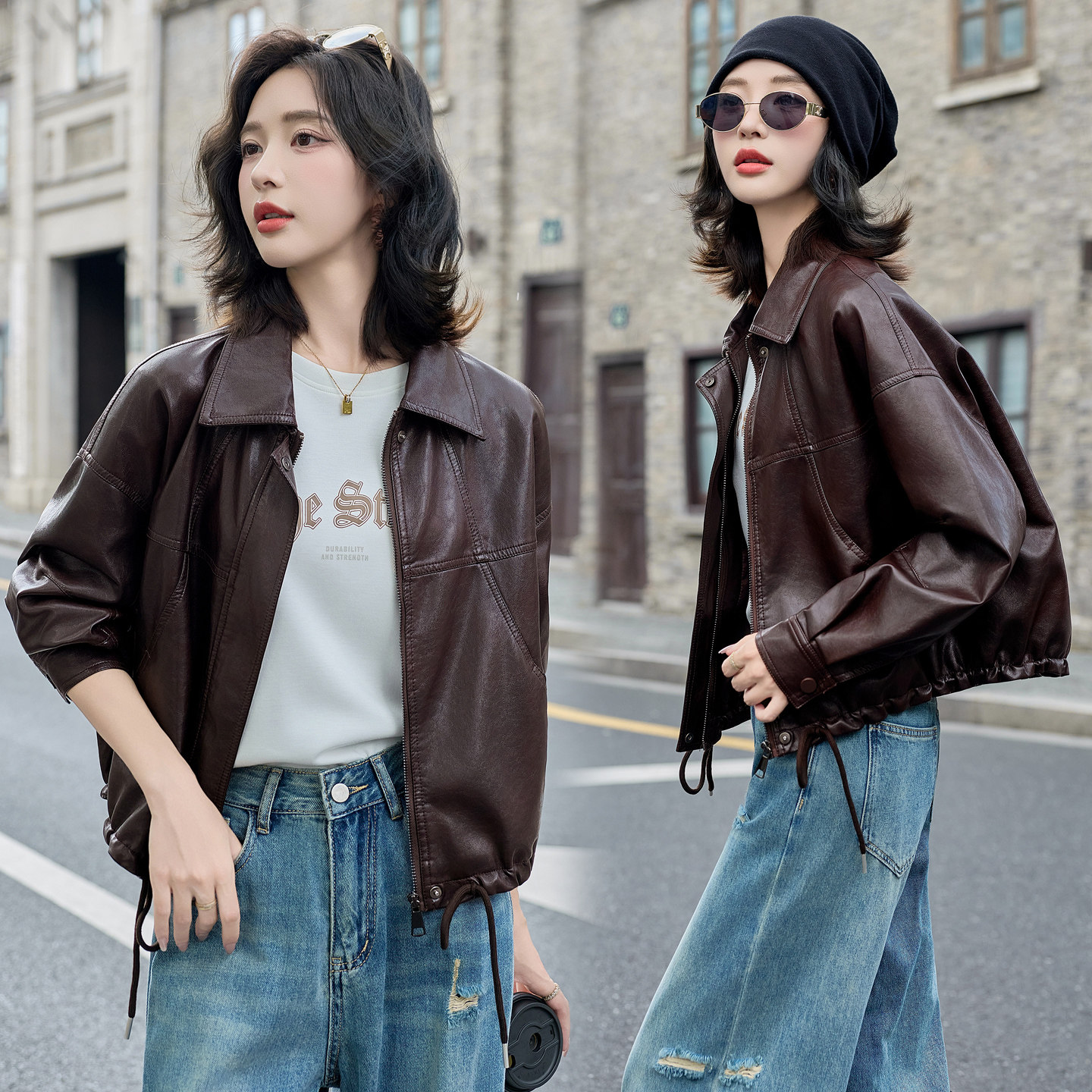 复古机车风短款皮衣外套女2025秋季新款小个子宽松翻领PU夹克上衣,女装皮衣,英标秀（1C119）