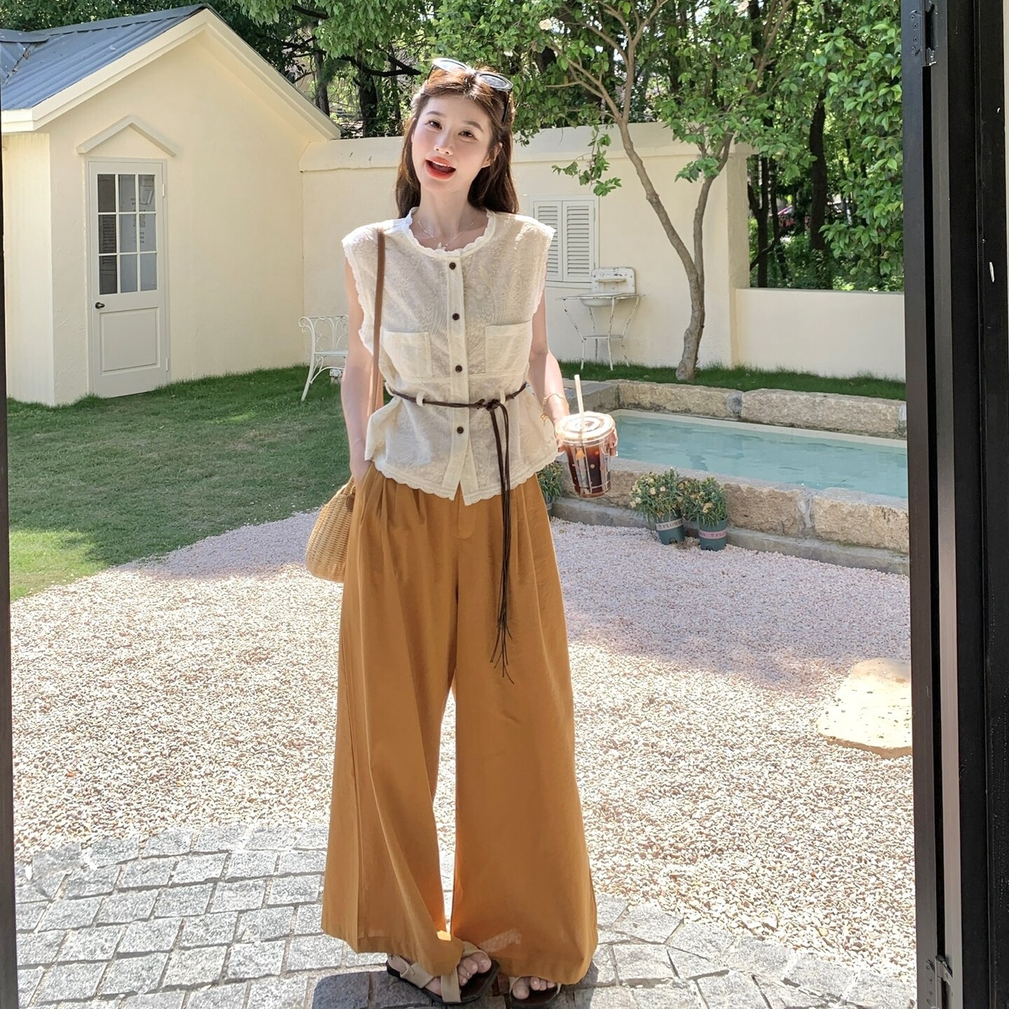 蕾丝花边无袖衬衫阔腿裤套装女夏2025新款小个子两件套爆款高级感,女装套装/套裙,2C166
