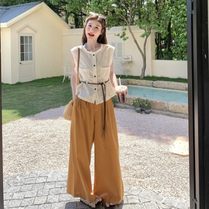 蕾丝花边无袖衬衫阔腿裤套装女夏2025新款小个子两件套爆款高级感图片
