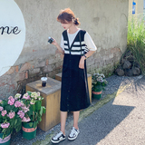 韩系条纹拼接假两件连衣裙女2025夏季新款宽松遮肚休闲减龄T恤裙，女装连衣裙，2C167