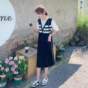 韩系条纹拼接假两件连衣裙女2025夏季新款宽松遮肚休闲减龄T恤裙图片
