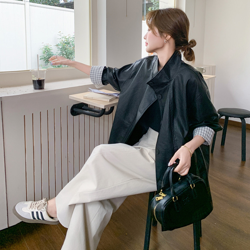 高级感单排扣皮衣风衣外套女2025秋季新款超火流行复古宽松大衣潮,女装皮衣,2C275