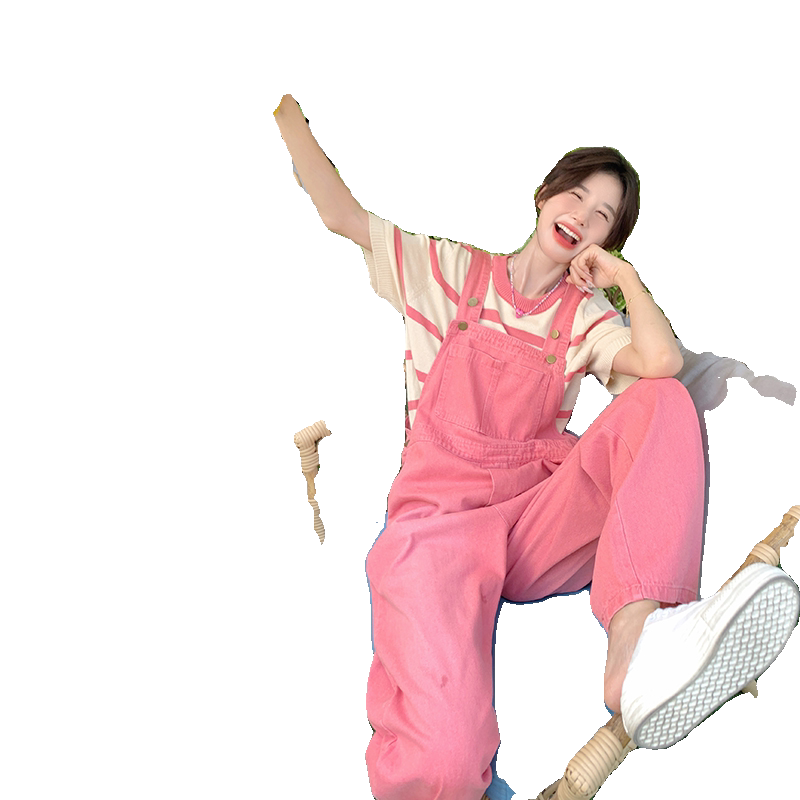 粉色甜美减龄工装背带裤女2025夏季新款韩版显瘦小个子直筒连体裤,女装连体裤,2C177