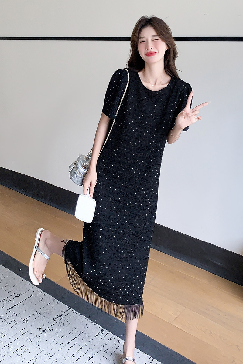 黑色流苏烫钻T恤连衣裙女夏赫本风流行小众设计减龄森系慵懒风,女装连衣裙,1D066-1