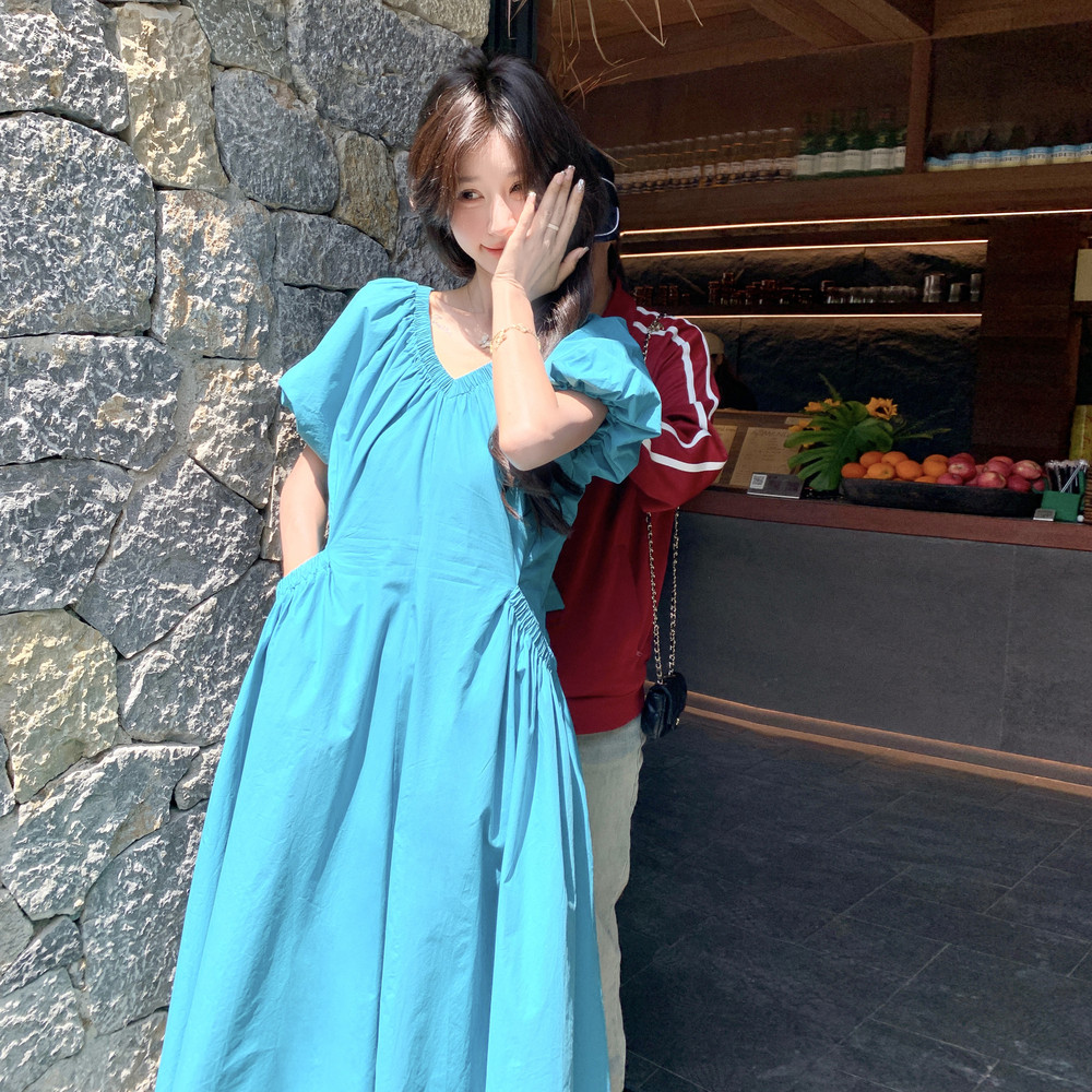 长裙泡泡袖V领法式v领中长连衣裙夏季法式休闲风国风时尚长裙大码,女装连衣裙,2C098