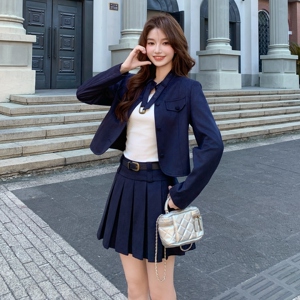 藏青色学院风套装裙女2025秋季新款气质休闲短外套百褶短裙两件套图片