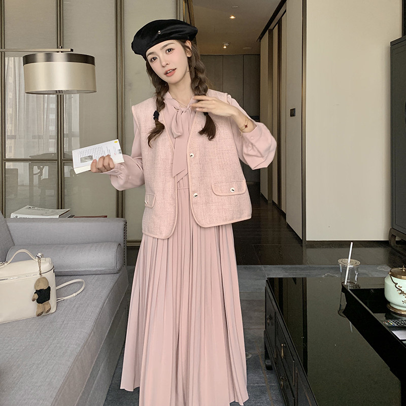 粉色小香风连衣裙两件套女2025春季新款法式温柔甜美时尚马甲长裙,女装连衣裙,2C269