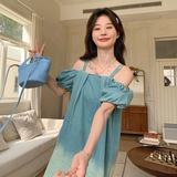 渐变露肩吊带连衣裙女2025夏季新款设计感网纱拼接海边度假长裙，女装连衣裙，2C073