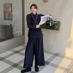 深蓝色韩系马甲休闲裤套装2026新款女早秋大方得体穿搭ootd一整套图片