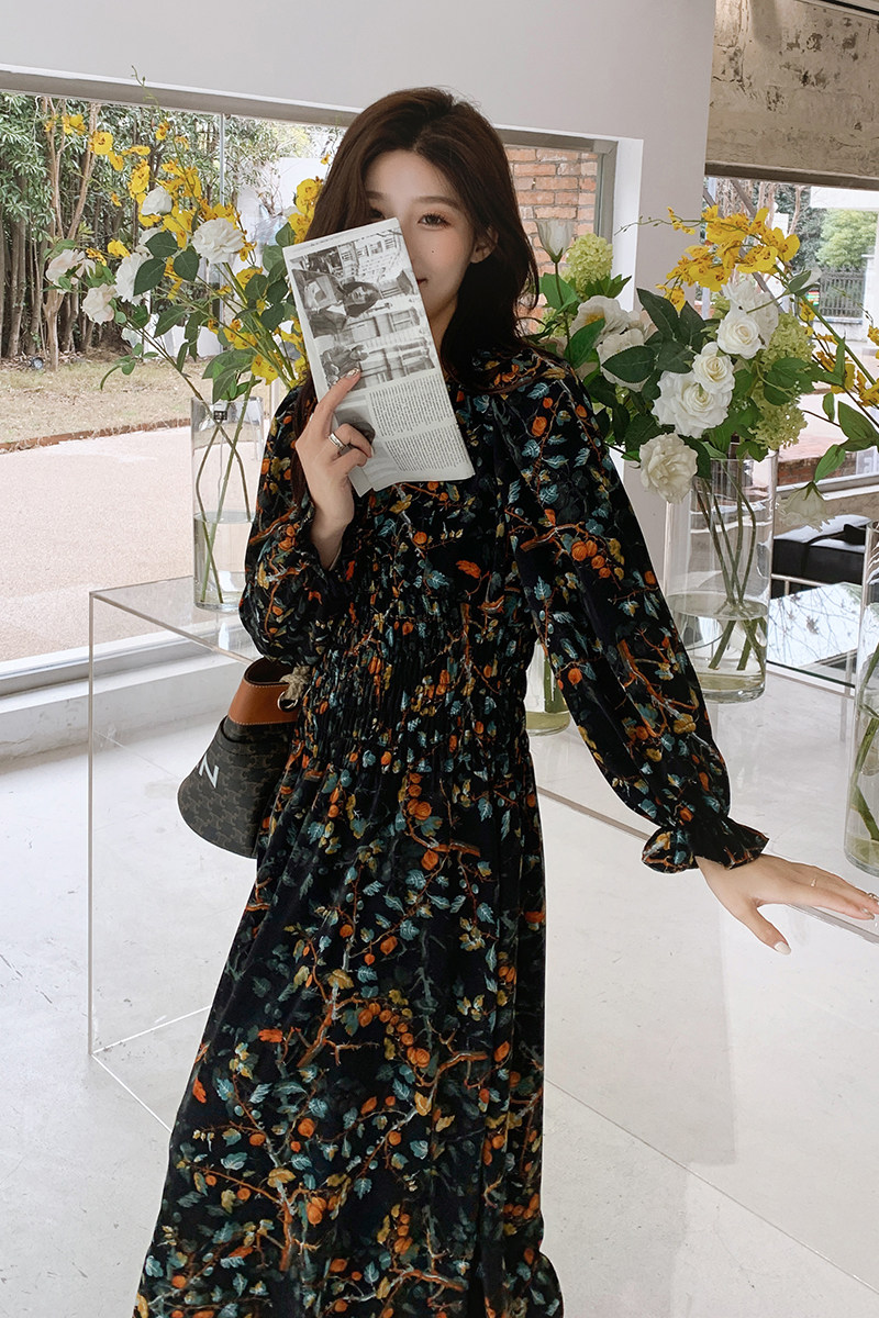 法式复古气质桔梗碎花连衣裙女2025春秋季新款收腰显瘦v领长裙子,女装连衣裙,2C016