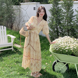 茶歇法式v领印花连衣裙女2025夏季新款高级感浪漫收腰显瘦长裙潮，女装连衣裙，2C098