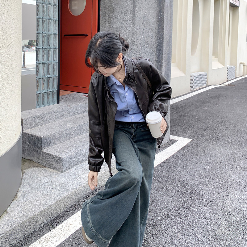 高级感立领咖色短款皮衣外套女春秋2025新款小个子PU夹克百搭超火,女装皮衣,2C092