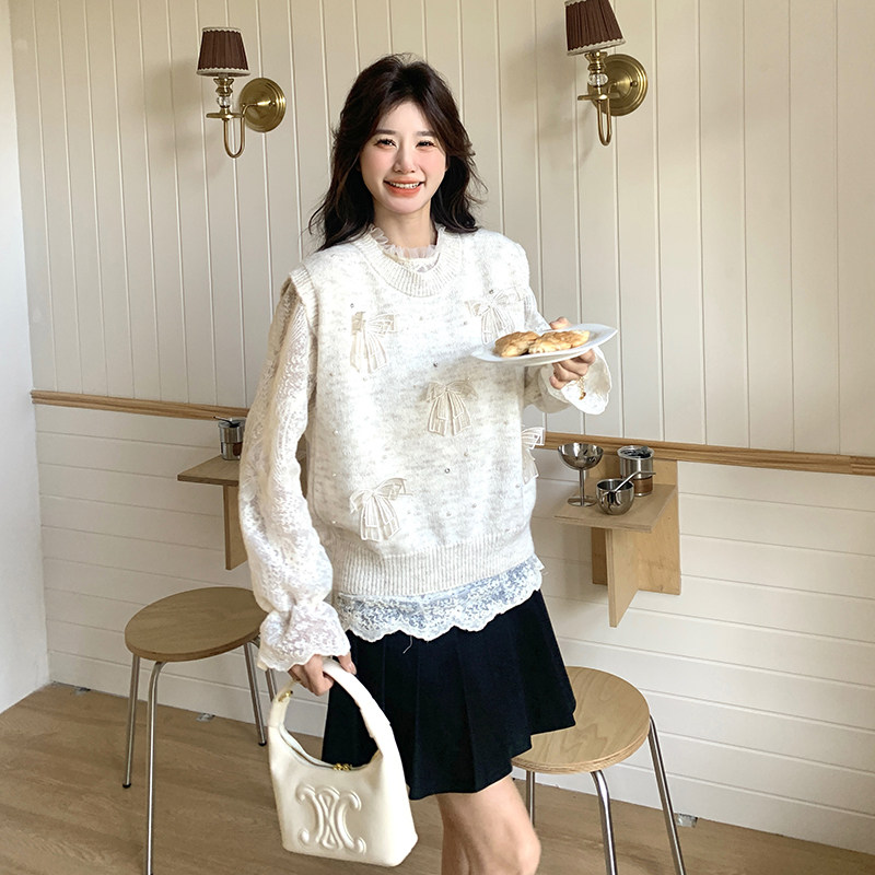 新品法式蕾丝打底衫+蝴蝶结毛衣马甲两件套5860-P125-K178,针织衫/毛衣,2C159