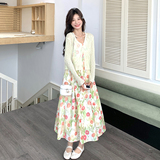 2025新款法式碎花吊带连衣裙套装女夏季温柔风针织开衫两件套，女装连衣裙，2C166