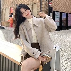 燕麦色简约休闲毛呢外套女秋冬超火好看高级小众加厚短款夹克上衣图片