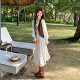 旅游度假穿搭皮马甲配白色连衣裙女春秋2025超火独特绝美长裙套装，女装连衣裙，2C159